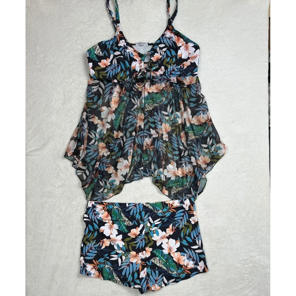 Finwanlo Womens XL Tropical Floral Tankini Set Mesh Handkerchief Top Boy Shorts